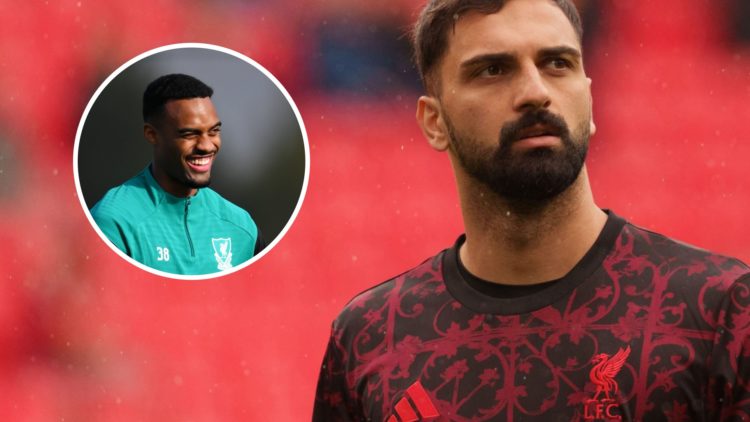 Giorgi Mamardashvili warms up ahead of Liverpool's Premier League match against Everton at Anfield. Ryan Gravenberch pictured during a Liverpool tr...
