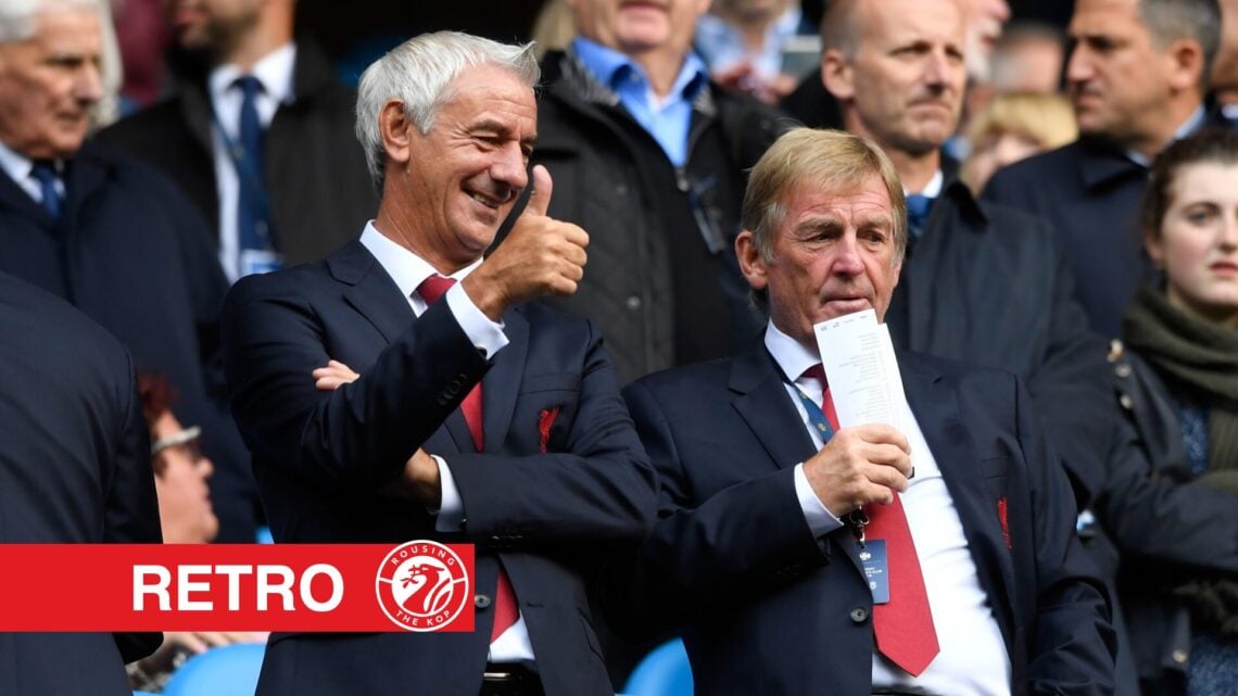 Former Liverpool players Ian Rush (L) and Kenny Dalglish (R) speak prior to the Premier League match between Manchester City and Liverpool at Etiha...