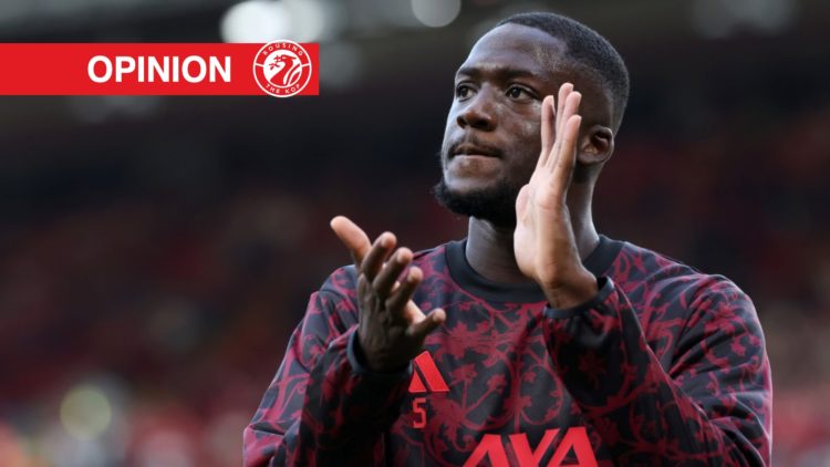 Ibrahima Konate applauds fans before kick-off of the Premier League match between Liverpool and Bournemouth at Anfield