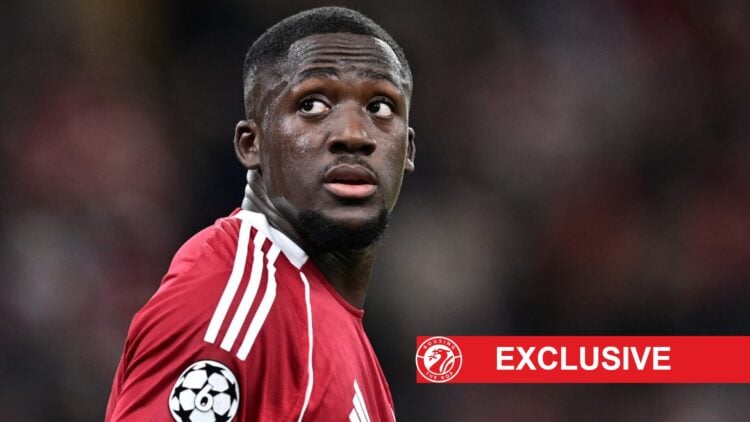 Ibrahima Konate pictured in action for Liverpool during the UEFA Champions League match against Atletico Madrid at Anfield.
