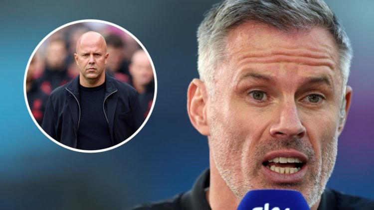 Main: Jamie Carragher presenting a game for Sky Sports. Insert: Arne Slot looking confused on the Liverpool touchline.