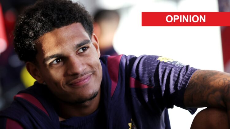 Jarrell Quansah (left) smiles during England media day, opinion label (right)