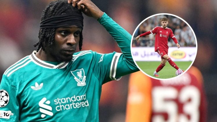 Jeremie Frimpong in action for Liverpool during their UEFA Champions League match against Galatasaray at Rams Park. Conor Bradley on the ball for L...