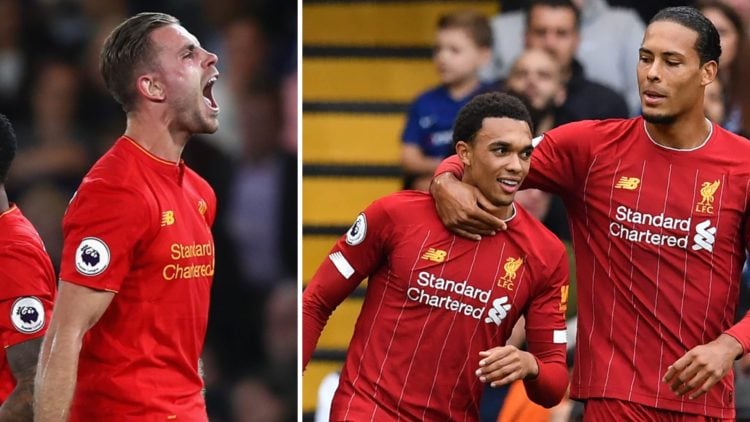 Jordan Henderson celebrates after scoring a Premier League goal for Liverpool against Chelsea at Stamford Bridge. Trent Alexander-Arnold celebrates...