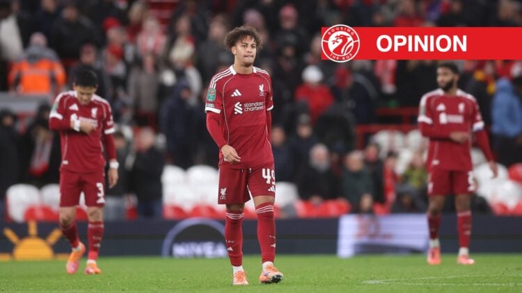 Kaide Gordon of Liverpool looks dejected after his side concede their third goal to make the score 0-3 during the Carabao Cup Fourth Round match be...
