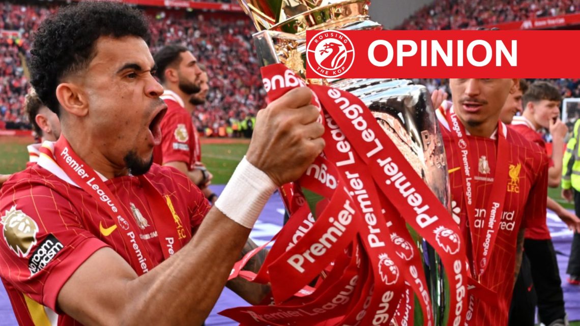 Luis Diaz holds the Premier League trophy at Anfield on the final day of the 2024/25 season at Anfield.