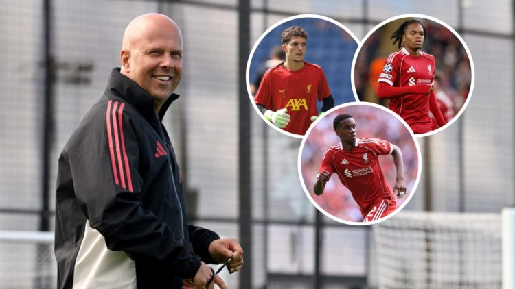 Head coach Arne Slot of Liverpool during a training session at AXA Training Centre on September 12, 2025 in Kirkby, England. Armin Pecsi warms up a...