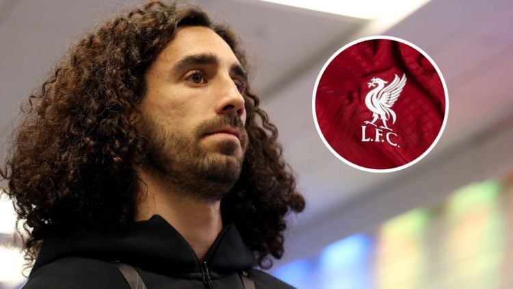 Marc Cucurella arrives ahead of Chelsea's UEFA Europa Conference League match against Djurgarden. Close-up of Liverpool FC badge on the 2022/23 hom...