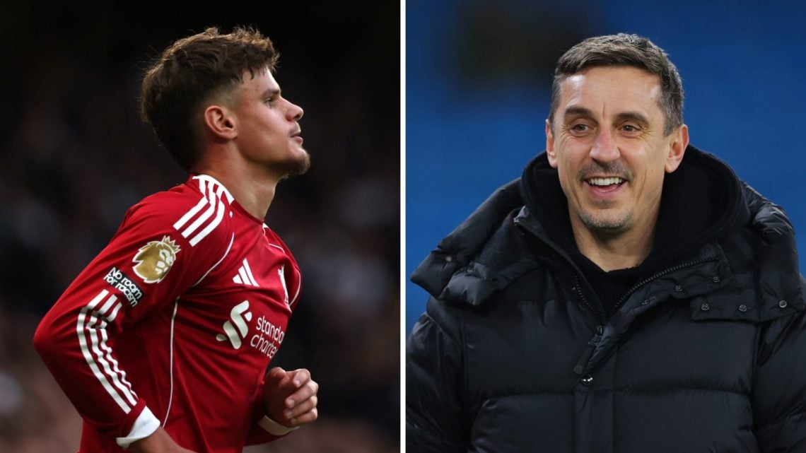 Milos Kerkez (left) runs during Chelsea game, Gary Neville (right) during his presenting duties for Sky Sports.