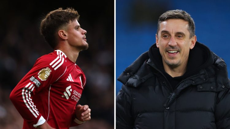Milos Kerkez (left) runs during Chelsea game, Gary Neville (right) during his presenting duties for Sky Sports.