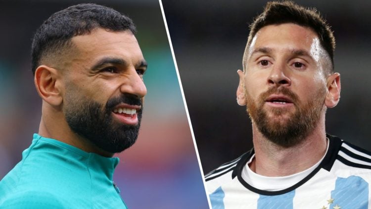 Mohamed Salah of Liverpool during the Premier League match between Burnley and Liverpool at Turf Moor. Lionel Messi of Argentina looks on during th...