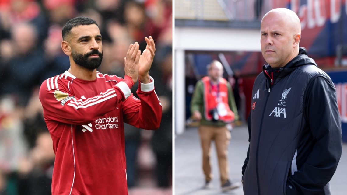 Mohamed Salah (left) claps the Liverpool supporters, Arne Slot (right) walks off of the team coach for the Crystal Palace game