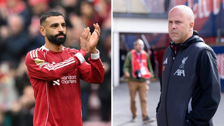 Mohamed Salah (left) claps the Liverpool supporters, Arne Slot (right) walks off of the team coach for the Crystal Palace game