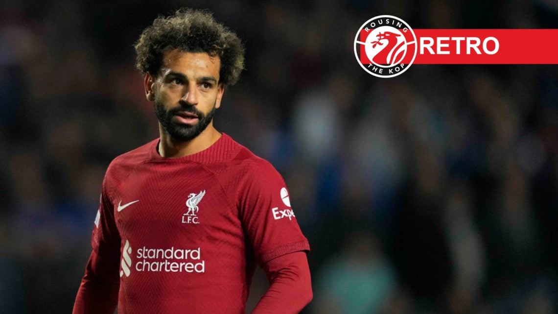 Mohamed Salah (left) looks on during Liverpool's game against Rangers, retro label and site logo (right)