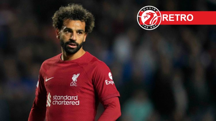 Mohamed Salah (left) looks on during Liverpool's game against Rangers, retro label and site logo (right)