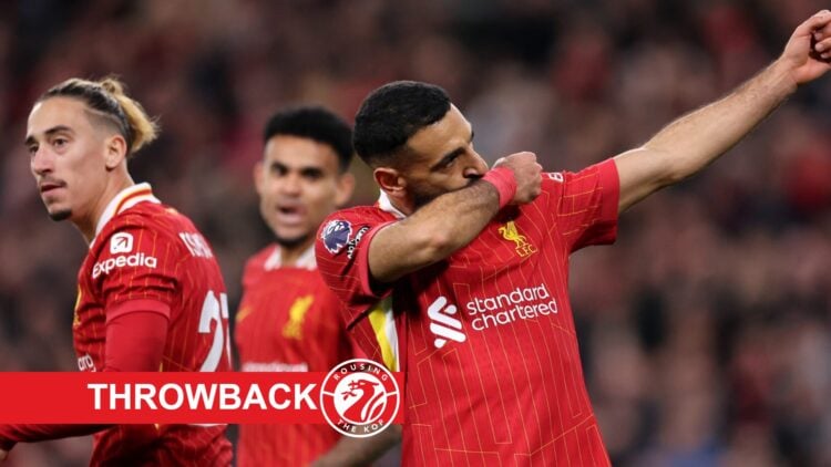 Throwback label and site logo (bottom left), Mohamed Salah (right) celebrates his goal against Brighton and Hove Albion