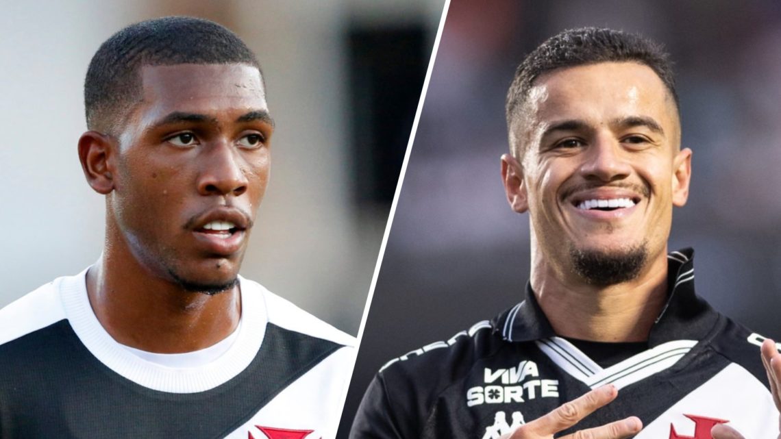 Rayan Vitor of Vasco da Gama in action during a Brasilerao match against Criciuma. Philippe Coutinho celebrates scoring for Vasco da Gama against S...