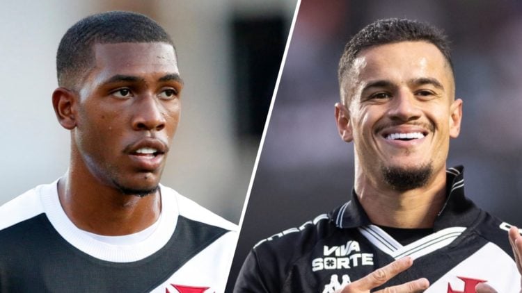 Rayan Vitor of Vasco da Gama in action during a Brasilerao match against Criciuma. Philippe Coutinho celebrates scoring for Vasco da Gama against S...