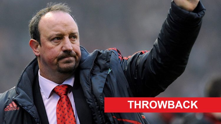 Rafa Benitez with his thumb up in the air pointing towards Liverpool fans. Label: THROWBACK