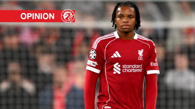 Rio Ngumoha of Liverpool reacts to Atletico de Madrid's second goal scored by Marcos Llorente (not pictured) during the UEFA Champions League 2025/...