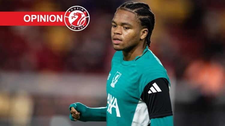 Rio Ngumoha (right) trains ahead of Liverpool Brentford, opinion label and site logo (left)
