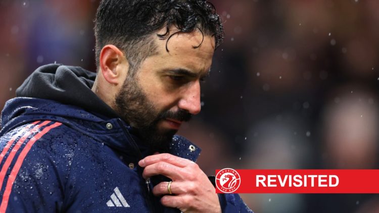 Ruben Amorim pictured in the rain during Manchester United's Premier League match against Ipswich Town at Old Trafford