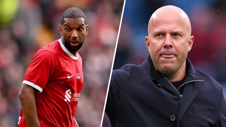 Left: Ryan Babel pictured playing for Liverpool in a legends game. Right: Arne Slot raising his fist after winning a game with Liverpool.