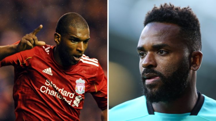 Ryan Babel (left) points up during Liverpool game, Darren Bent (right) looks on during game