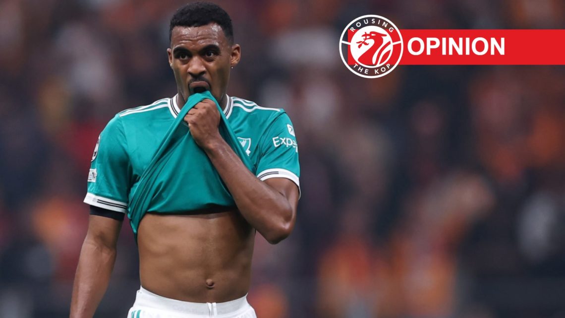 Ryan Gravenberch (left) wipes his face during Galatasaray game, Opinion label and site logo (right)