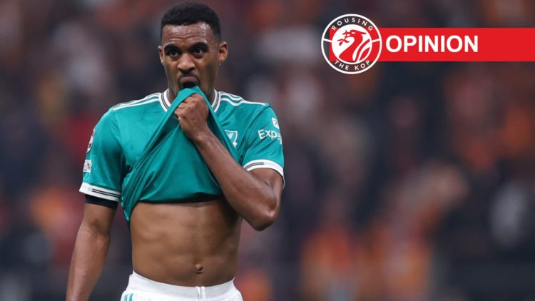 Ryan Gravenberch (left) wipes his face during Galatasaray game, Opinion label and site logo (right)