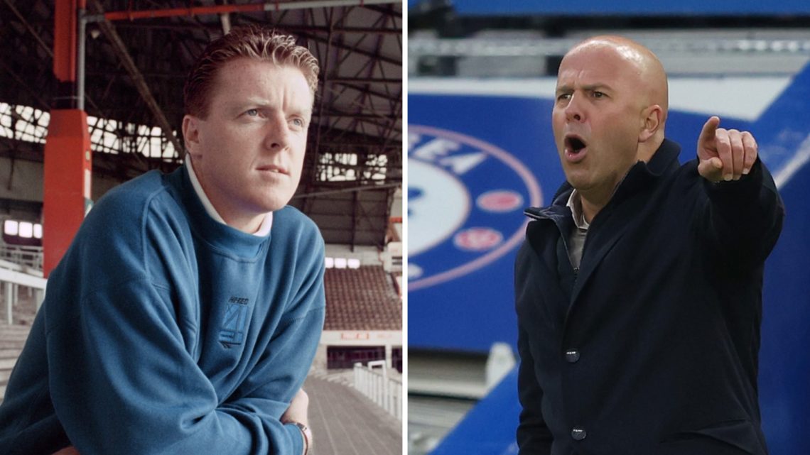 Steve Nicol (left) poses on the Kop, Arne Slot (right) points at players during Chelsea game