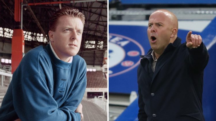 Steve Nicol (left) poses on the Kop, Arne Slot (right) points at players during Chelsea game