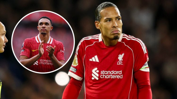 Trent Alexander-Arnold (left) cries and claps the Liverpool fans, Virgil van Dijk (right) shrugs his shoulders at the referee during Chelsea game