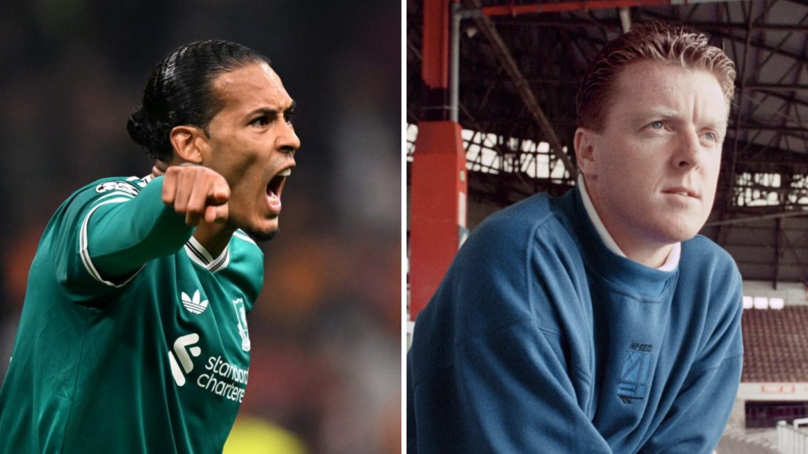 Virgil van Dijk (left) screams and points during Galatasaray game, Steve Nicol (right) looks on at Anfield Stadium