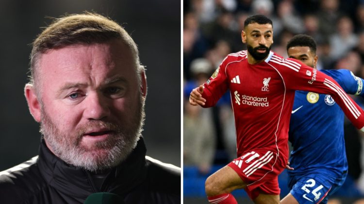 Wayne Rooney (left) speaks during an interview, Mohamed Salah (right) running with the ball vs Chelsea