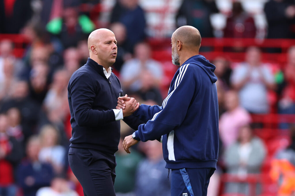 Arne Slot and Nuno Espirito Santo after Liverpool FC v Nottingham Forest FC - Premier League
