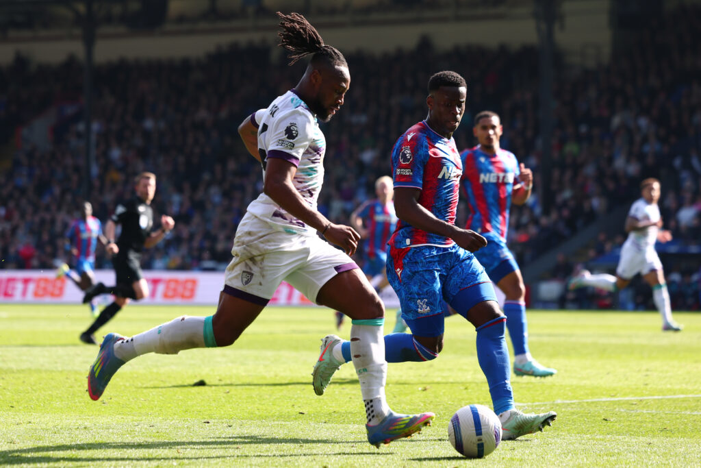 Antoine Semenyo runs with the ball while being marked by Marc Guehi during Bournemouth's Premier League match against Crystal Palace at Selhurst Park.
