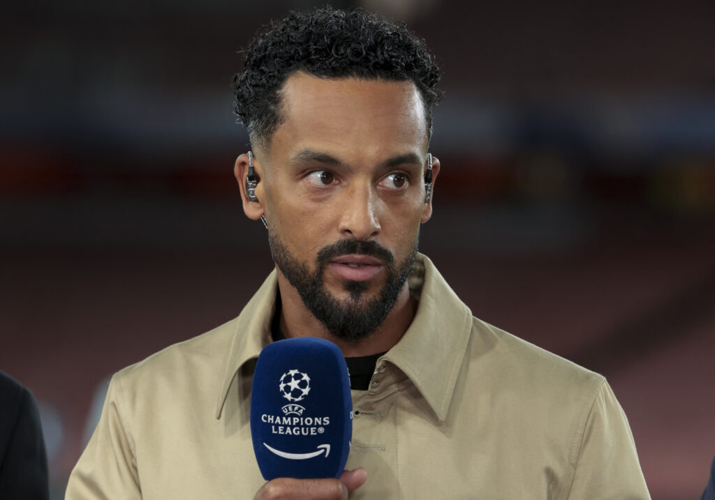 Theo Walcott comments for Amazon the UEFA Champions League 2024/25 Semi Final First Leg match between Arsenal FC and Paris Saint-Germain (PSG) at Emirates Stadium.