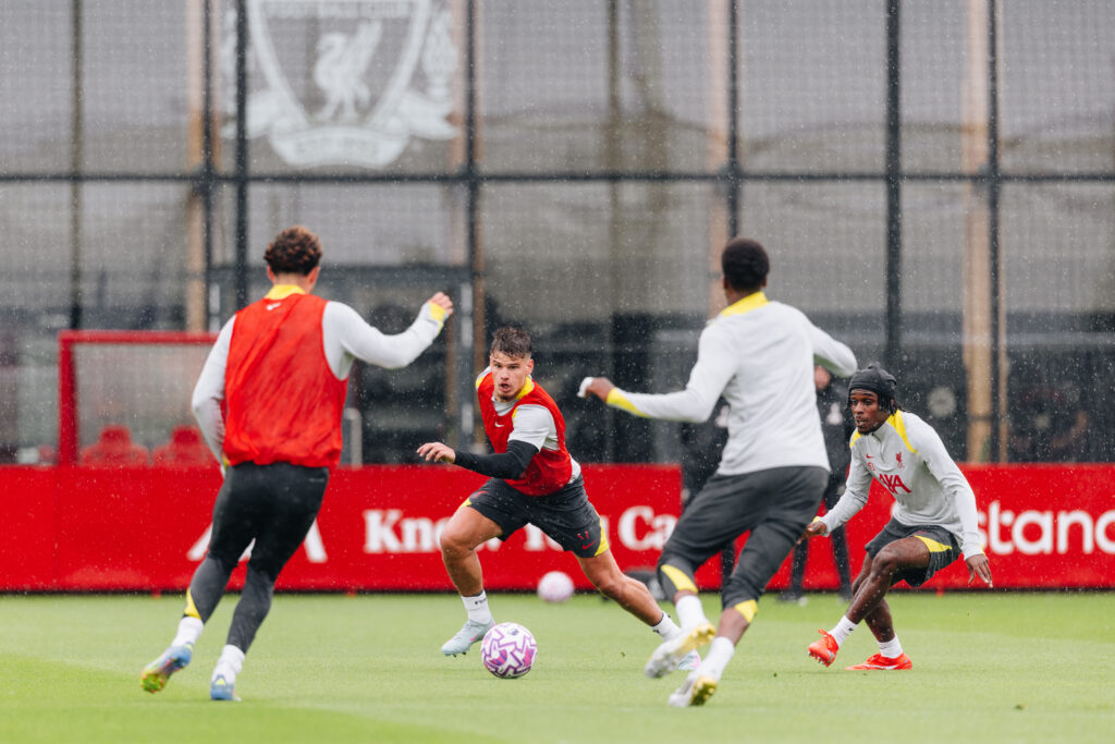 Milos Kerkez and Jeremie Frimpong of Liverpool during a training session at AXA Training Centre.