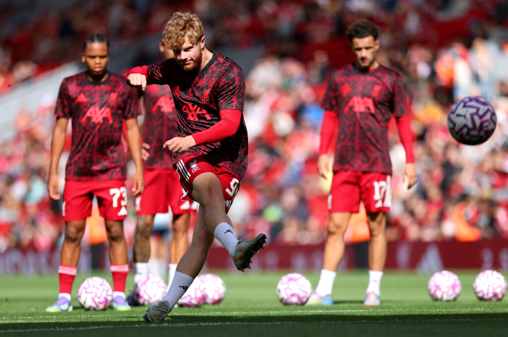 Luca Stephenson of Liverpool shoots as he warms up prior to the pre-season friendly match between Liverpool and Athletic Club Bilbao at Anfield