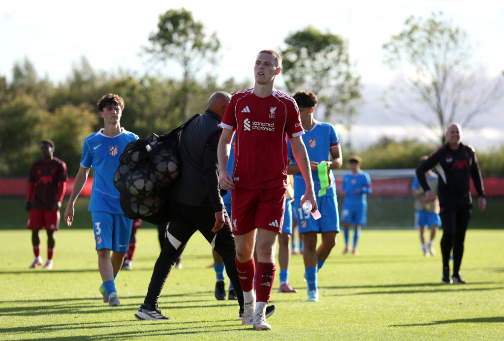 Carter Pinnington pictured in action during Liverpool's UEFA Youth League match against Atletico Madrid.
