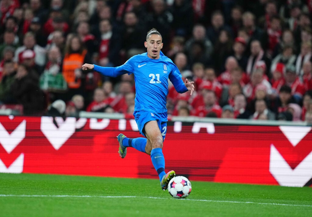 Kostas Tsimikas of Greece controls the ball during the UEFA World Cup qualification match between Denmark and Greece at Parken Stadium