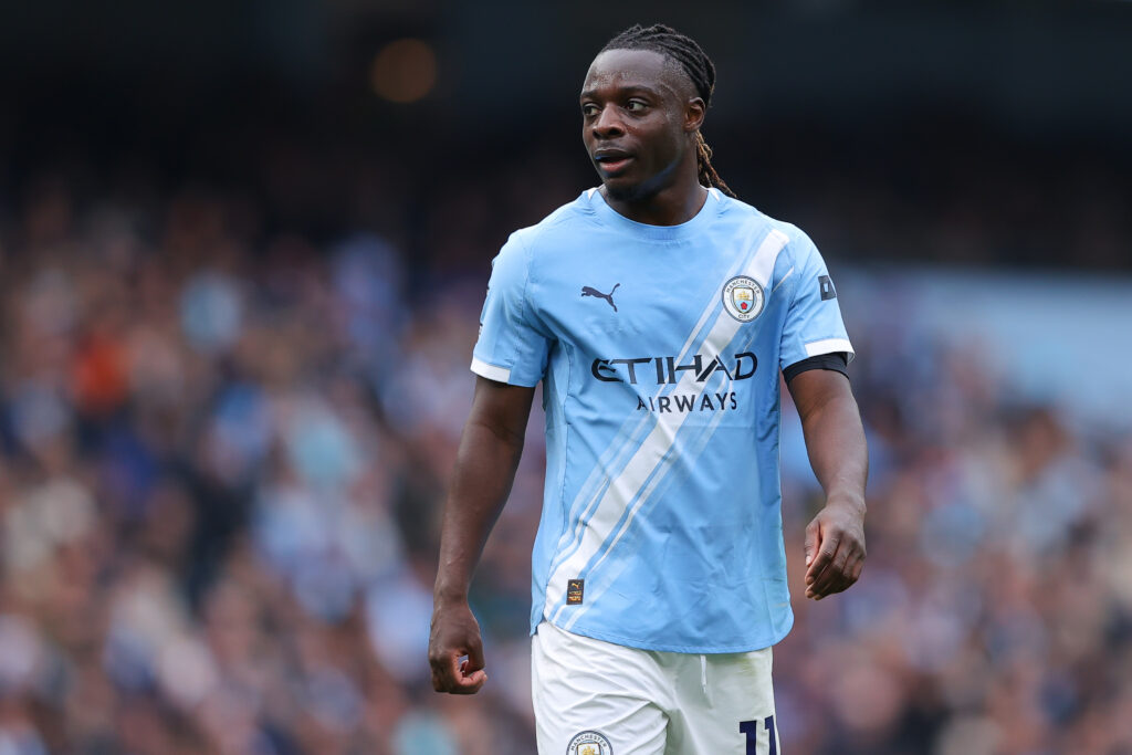 Jeremy Doku of Manchester City during the Premier League match between Manchester City and Everton at Etihad Stadium