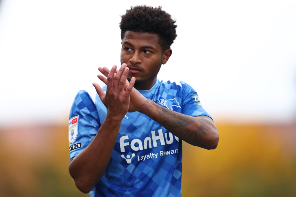 Rhian Brewster of Derby County applauds the fans as he leaves the pitch during the Sky Bet Championship match between Oxford United and Derby County at Kassam Stadium.