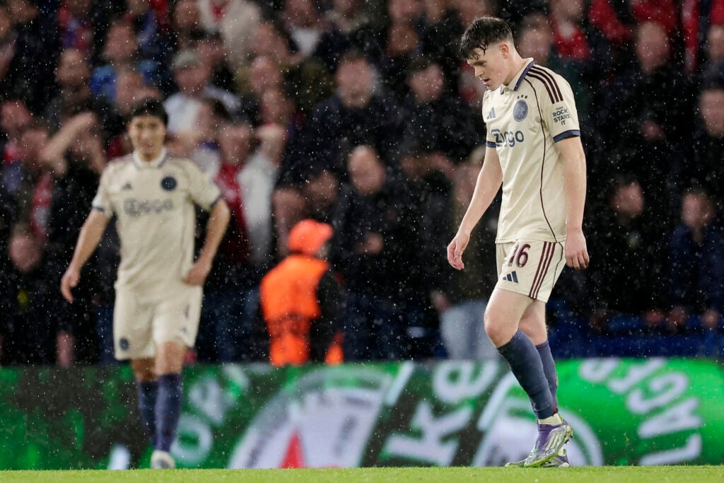 James McConnell reacts during Ajax's UEFA Champions League match against Chelsea at Stamford Bridge