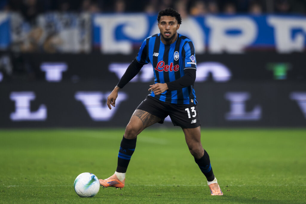 Ederson on the ball at the New Balance Arena during the Serie A match between Atalanta and AC Milan