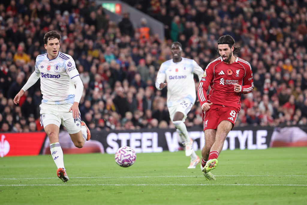 Dominik Szoboszlai of Liverpool misses chance during the Premier League match between Liverpool and Aston Villa at Anfield.
