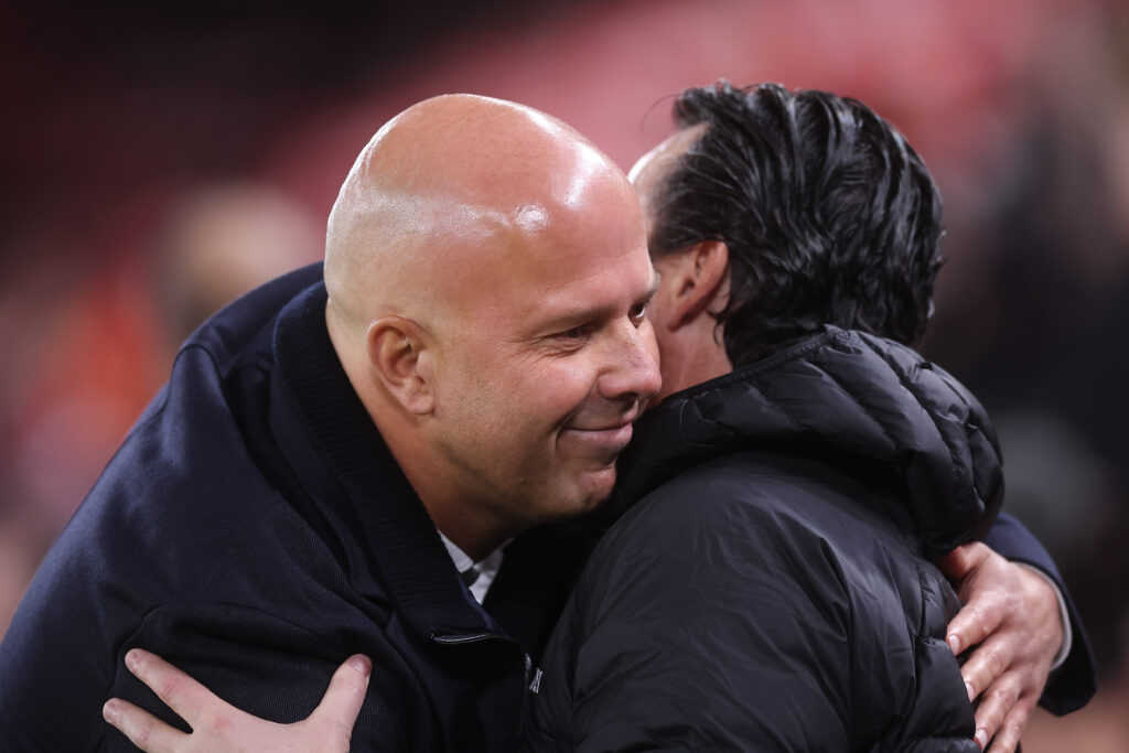 Liverpool Manager Arne Slot and Aston Villa Manager Unai Emery during the Premier League match between Liverpool and Aston Villa at Anfield.