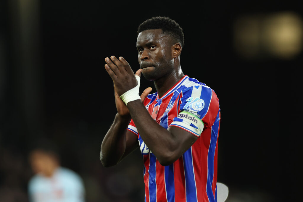 Marc Guehi of Crystal Palace celebrates following the team's victory during the Premier League match between Crystal Palace and Brentford at Selhurst Park.