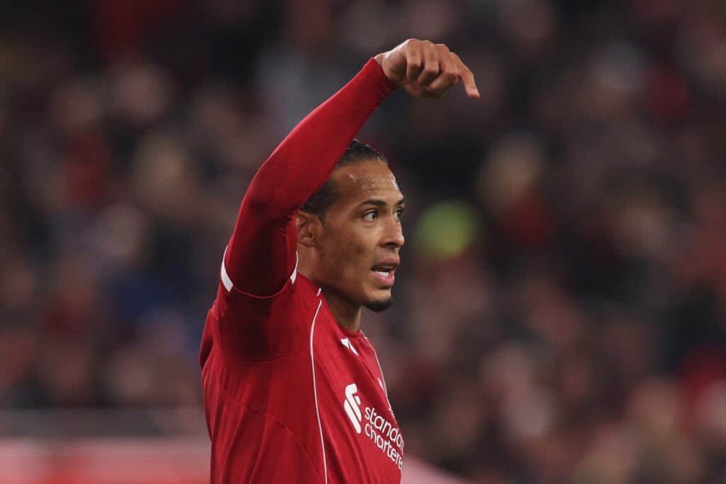 Virgil van Dijk of Liverpool gestures during the Premier League match between Liverpool and Aston Villa at Anfield.
